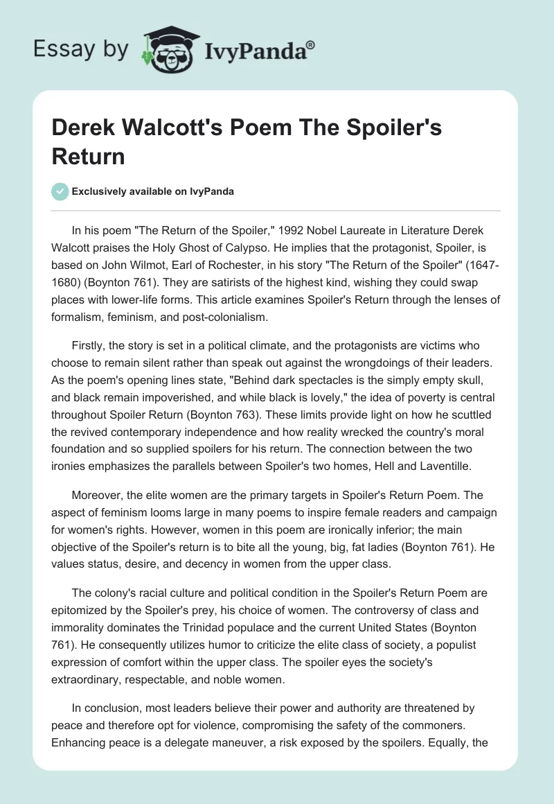 Derek Walcott's Poem "The Spoiler's Return". Page 1