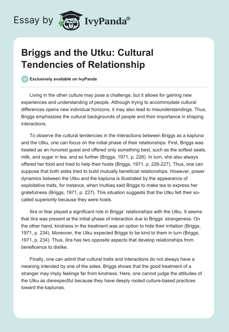 Briggs and the Utku: Cultural Tendencies of Relationship. Page 1