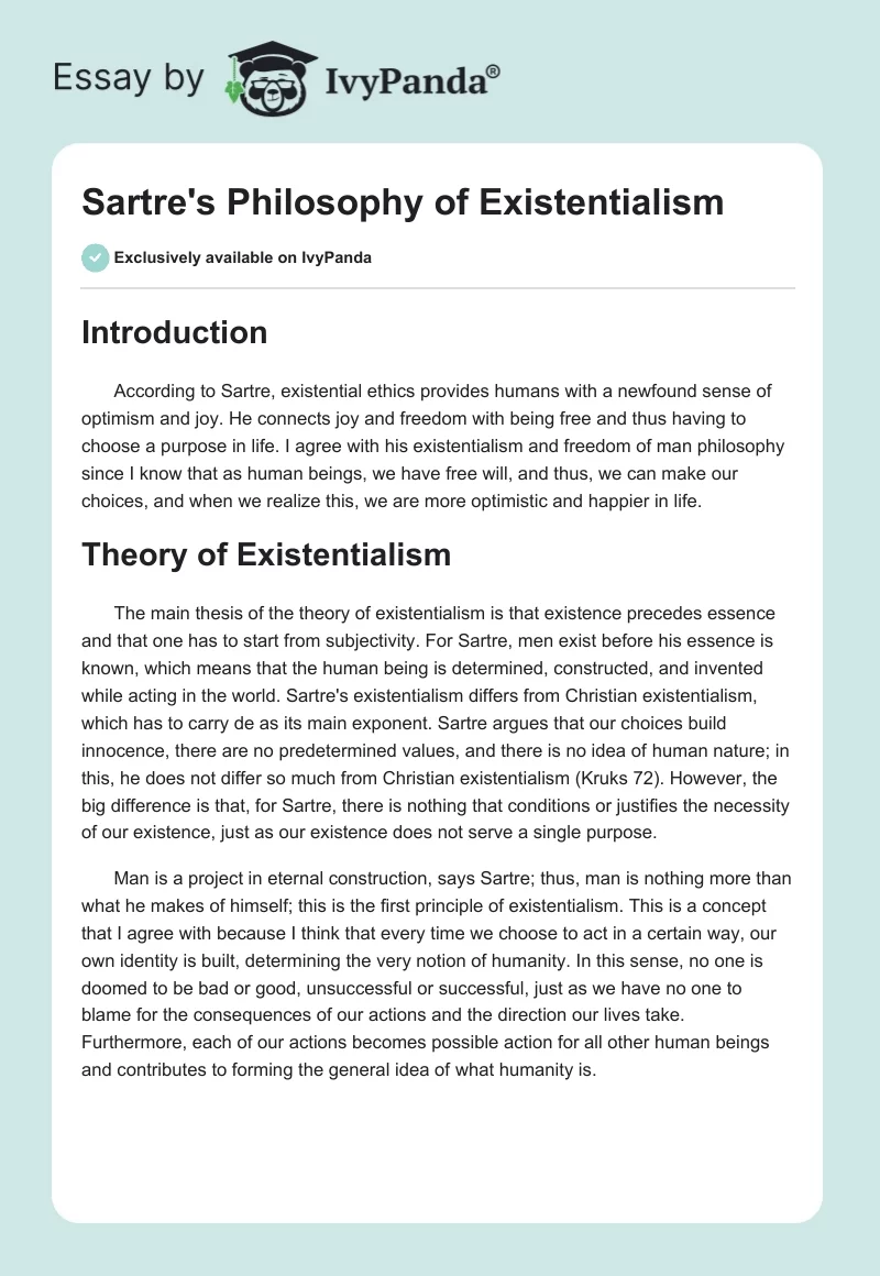 Sartre's Philosophy of Existentialism. Page 1