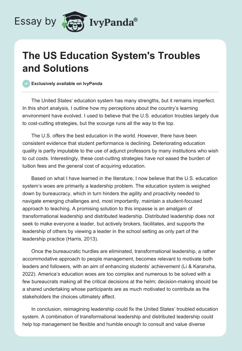 The US Education System's Troubles and Solutions. Page 1