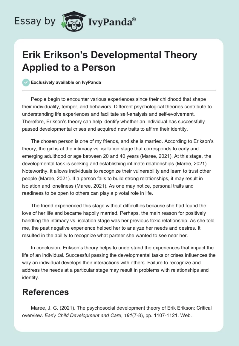 Erik Erikson's Developmental Theory Applied to a Person. Page 1