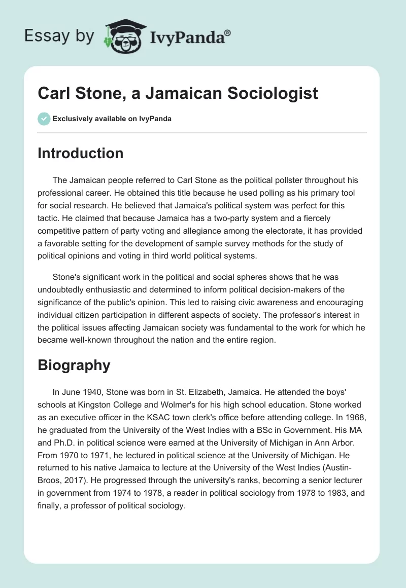Carl Stone, a Jamaican Sociologist. Page 1