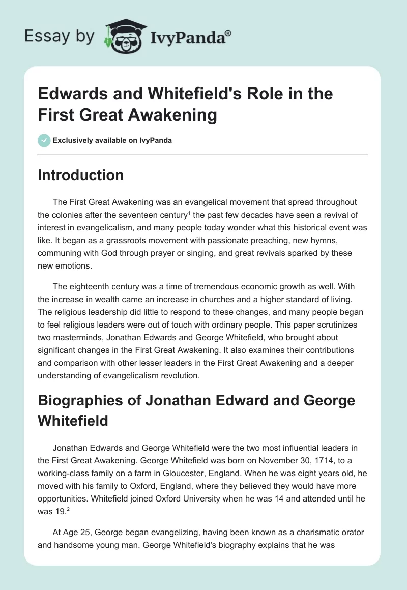 Edwards and Whitefield's Role in the First Great Awakening. Page 1
