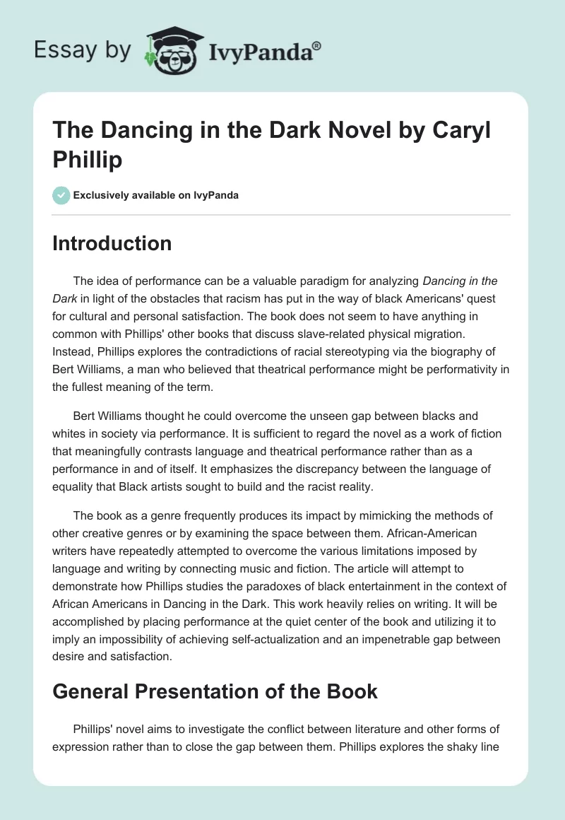 The "Dancing in the Dark" Novel by Caryl Phillip. Page 1