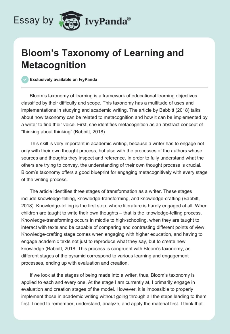 Bloom’s Taxonomy of Learning and Metacognition. Page 1