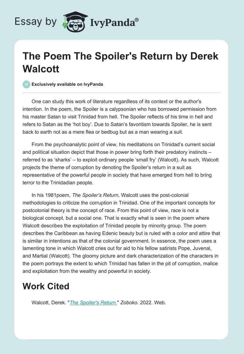 The Poem "The Spoiler's Return" by Derek Walcott. Page 1