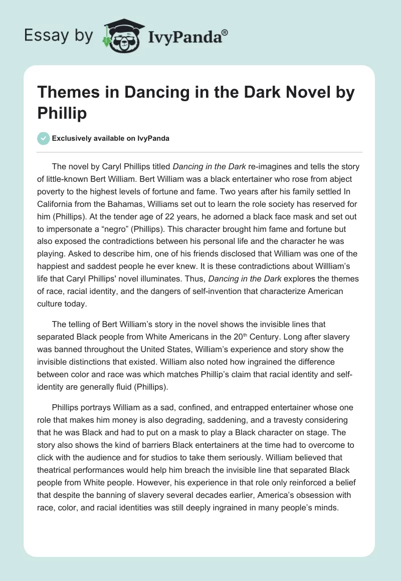 Themes in "Dancing in the Dark" Novel by Phillip. Page 1