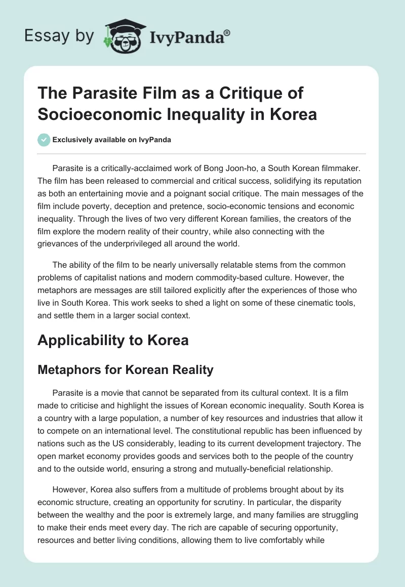 The Parasite Film as a Critique of Socioeconomic Inequality in Korea. Page 1