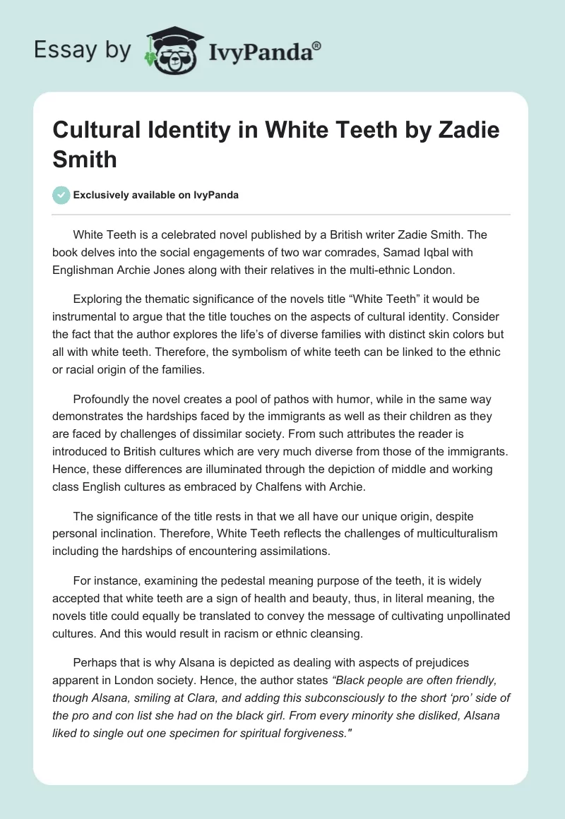 Cultural Identity in "White Teeth" by Zadie Smith. Page 1