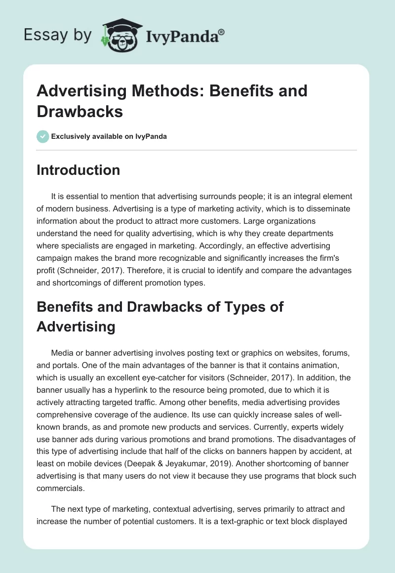 Advertising Methods: Benefits and Drawbacks. Page 1