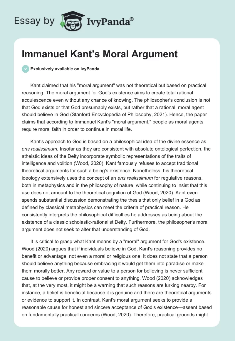 Immanuel Kant’s Moral Argument. Page 1