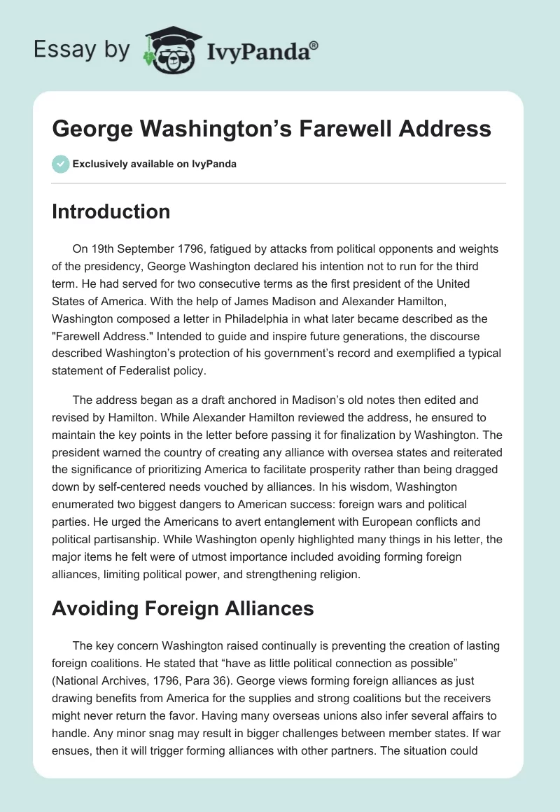 Washington’s Farewell Speech Analysis. Page 1