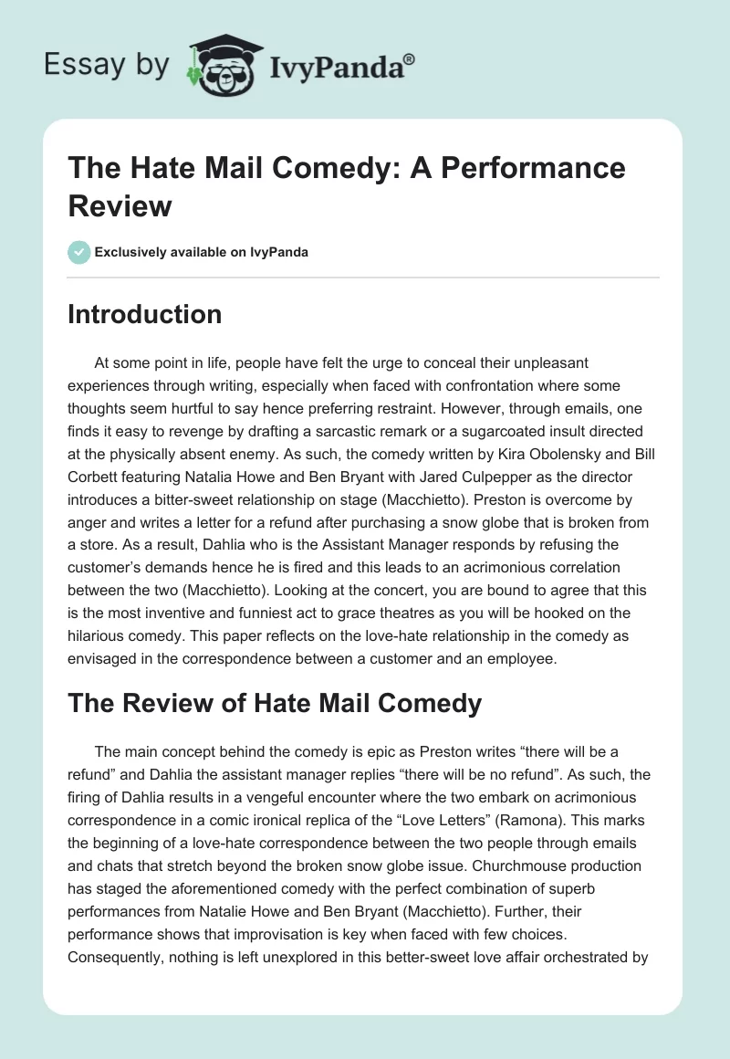 The "Hate Mail" Comedy: A Performance Review. Page 1