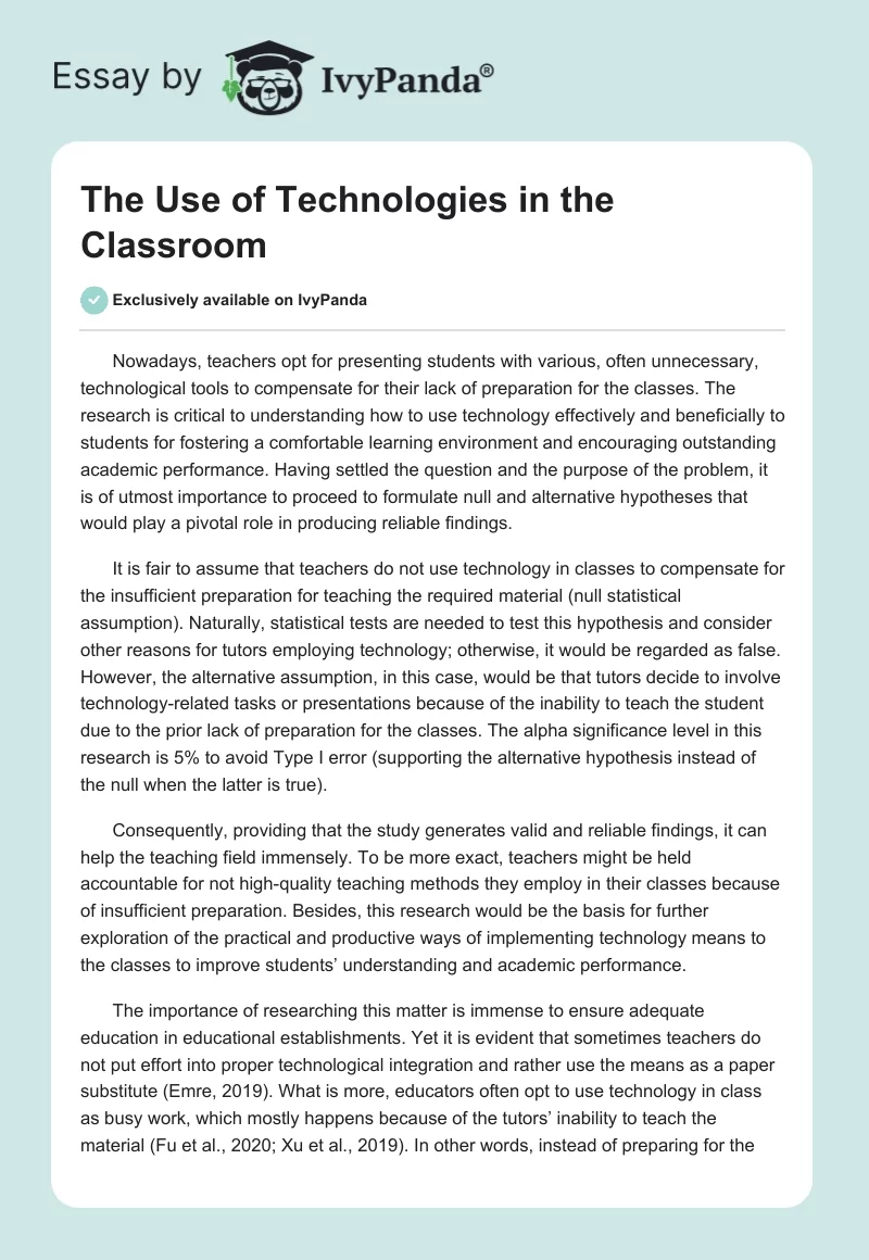 The Use of Technologies in the Classroom. Page 1