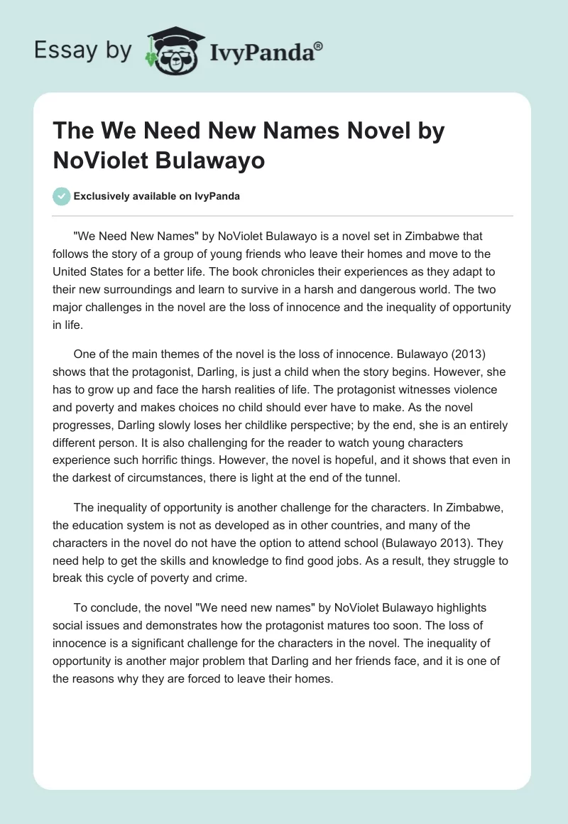 The "We Need New Names" Novel by NoViolet Bulawayo. Page 1