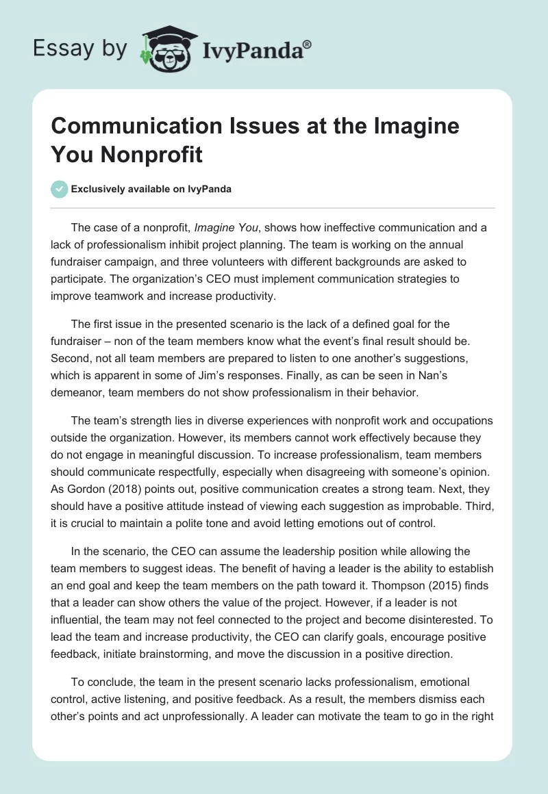 Communication Issues at the Imagine You Nonprofit. Page 1