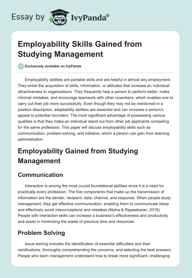 Employability Skills Gained From Studying Management. Page 1