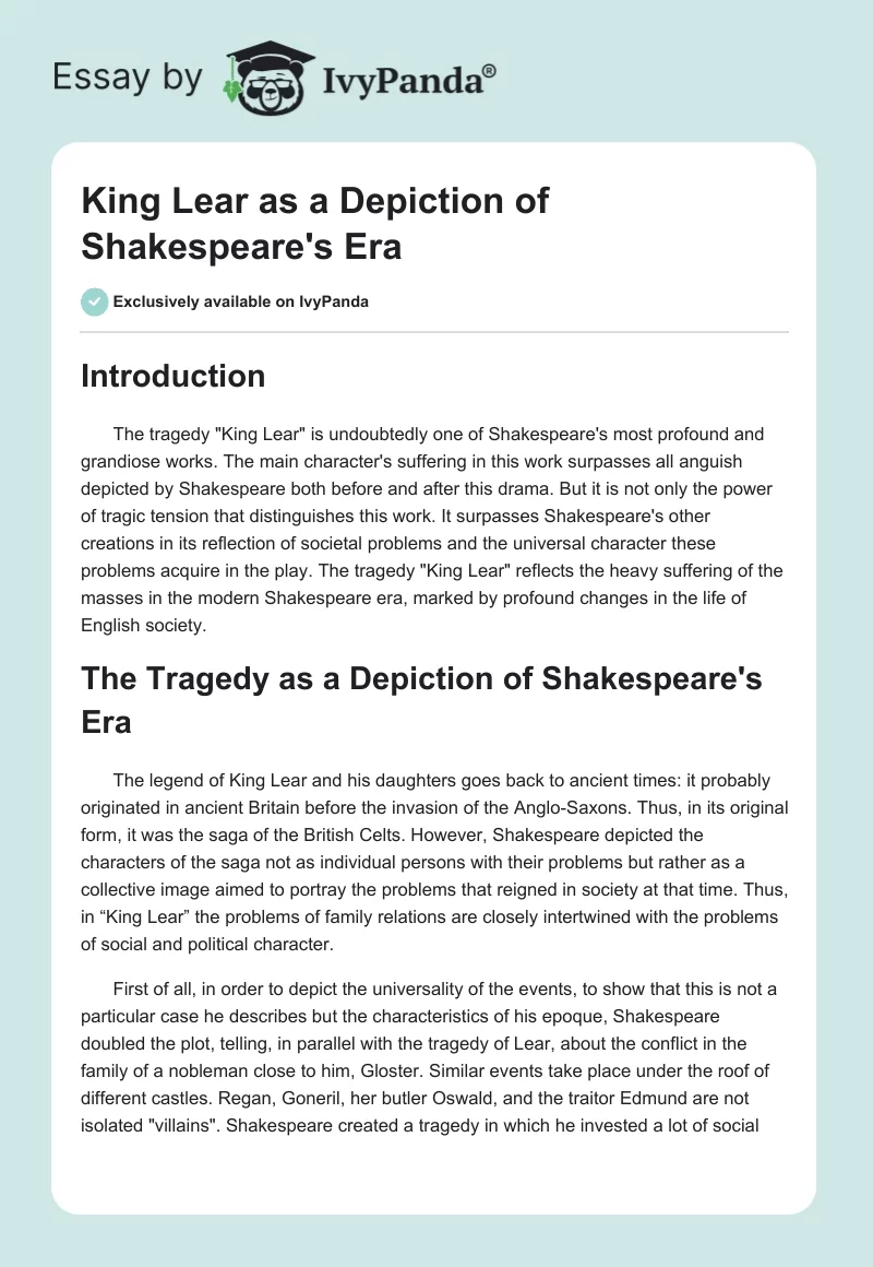 King Lear as a Depiction of Shakespeare's Era. Page 1