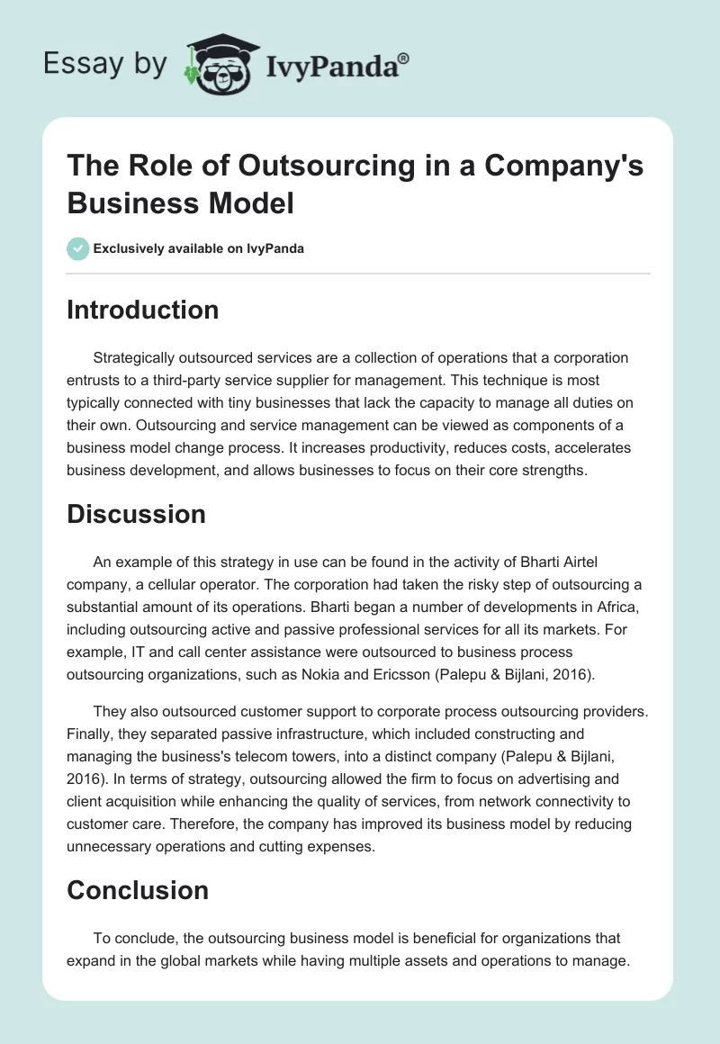 The Role of Outsourcing in a Company's Business Model. Page 1