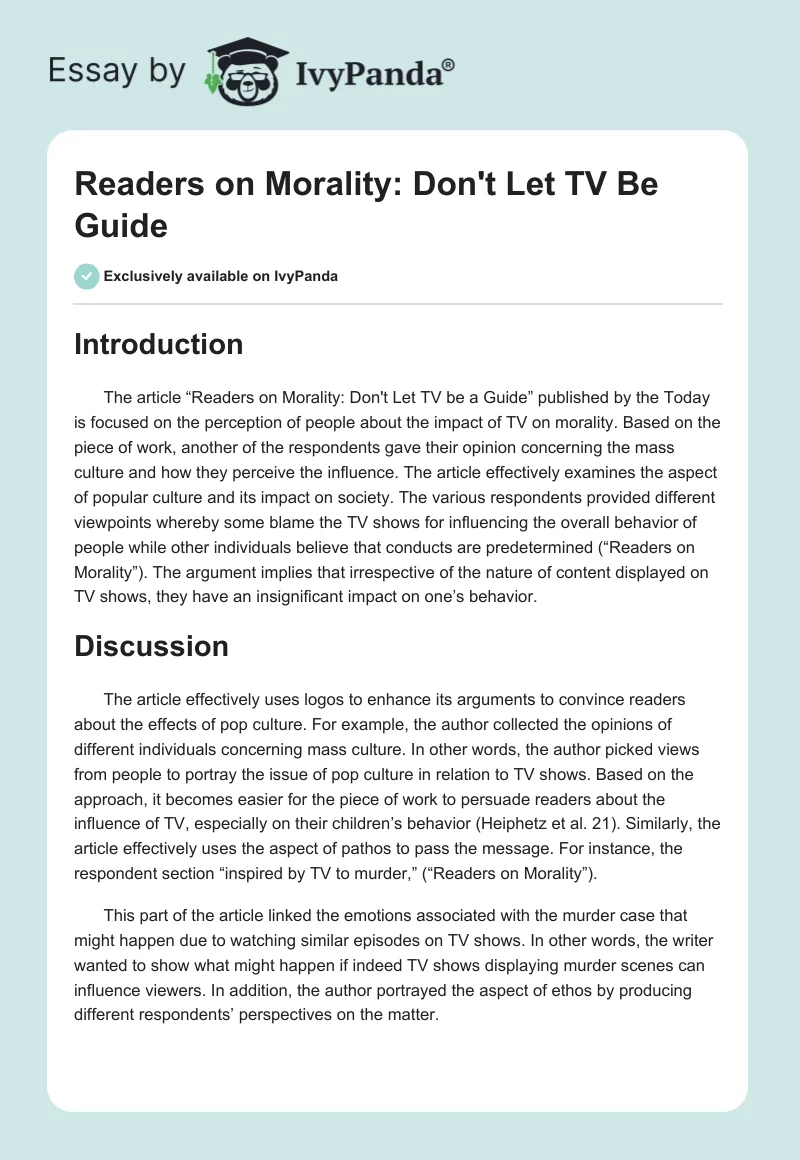 Readers on Morality: Don't Let TV Be Guide. Page 1