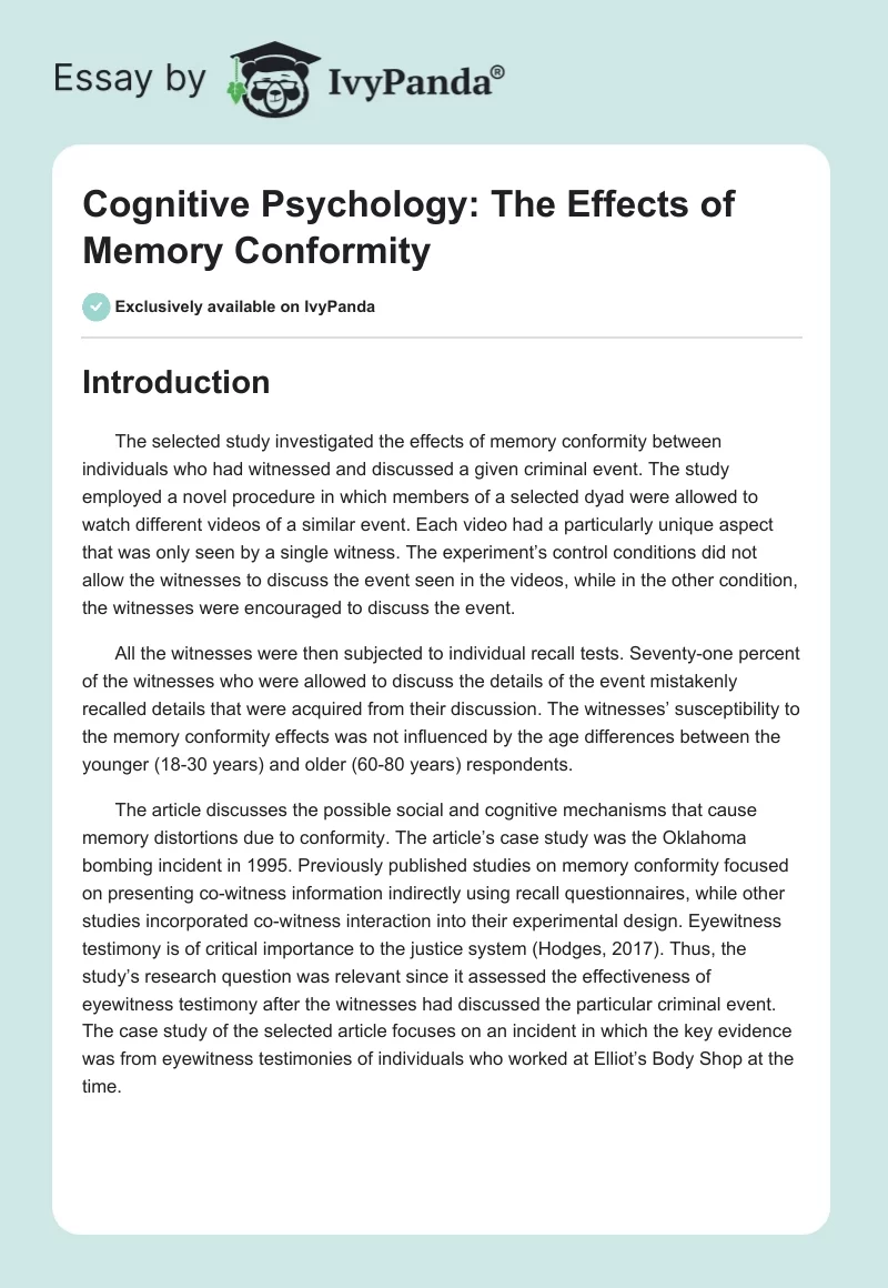 Cognitive Psychology: The Effects of Memory Conformity. Page 1