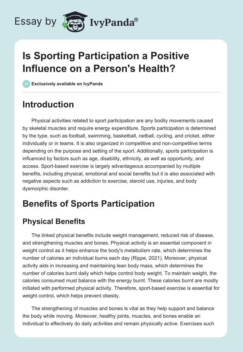 Is Sporting Participation a Positive Influence on a Person's Health?. Page 1
