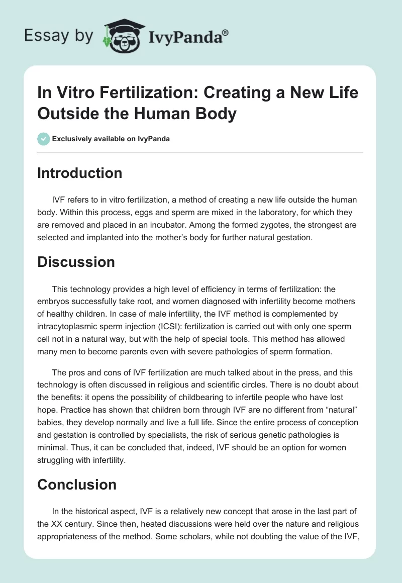 In Vitro Fertilization: Creating a New Life Outside the Human Body. Page 1