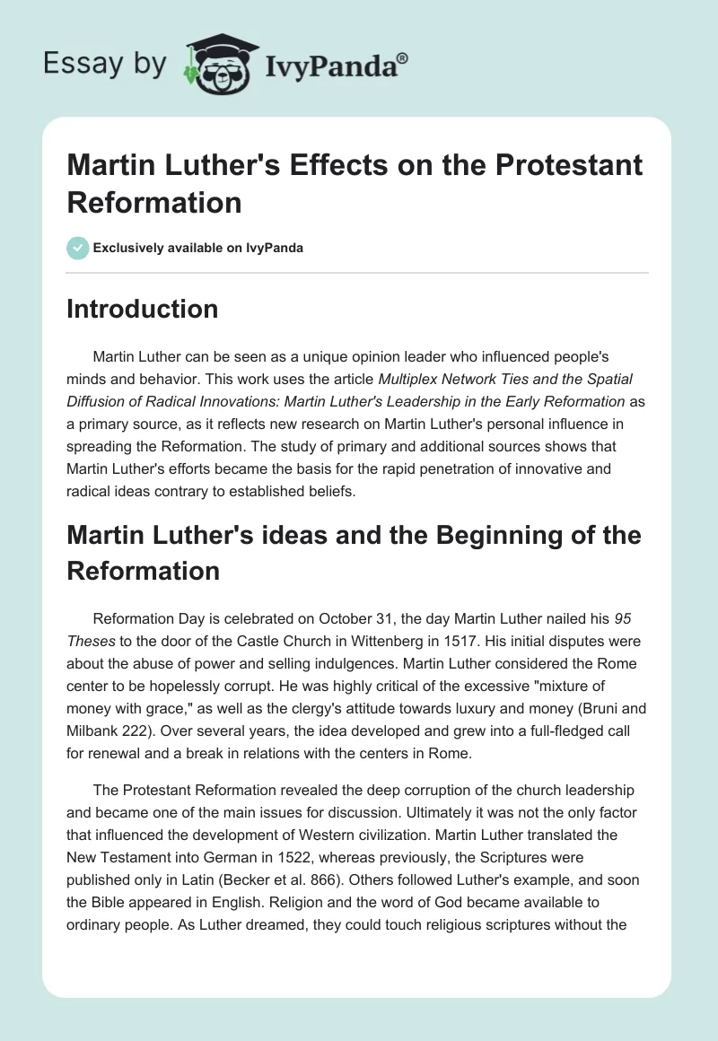 Martin Luther's Effects on the Protestant Reformation. Page 1