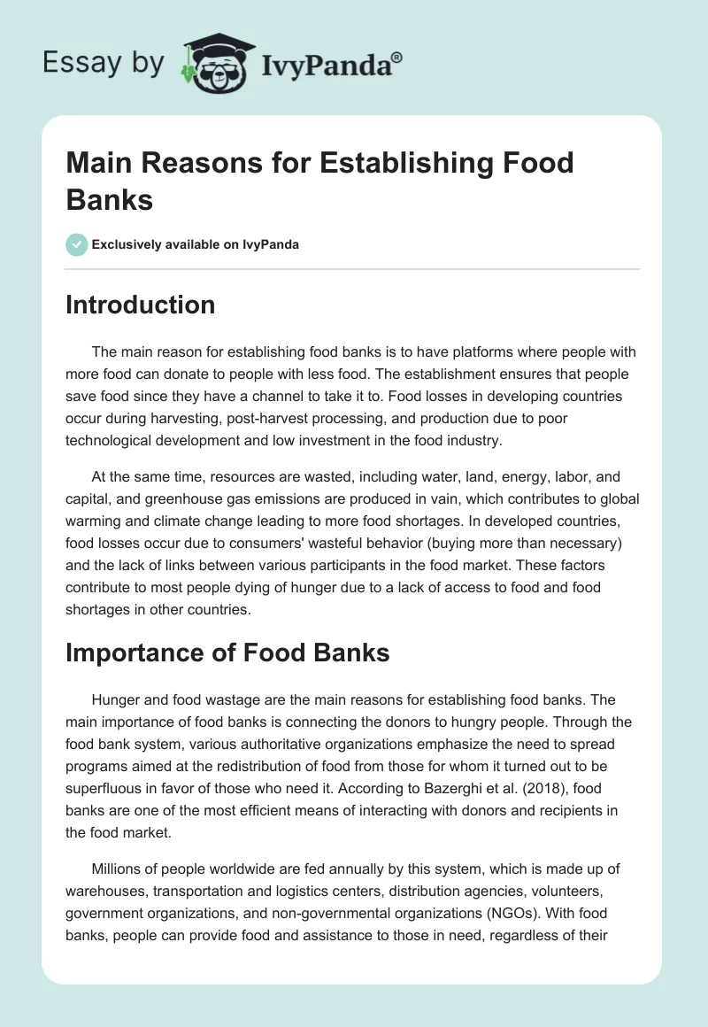 Main Reasons for Establishing Food Banks. Page 1