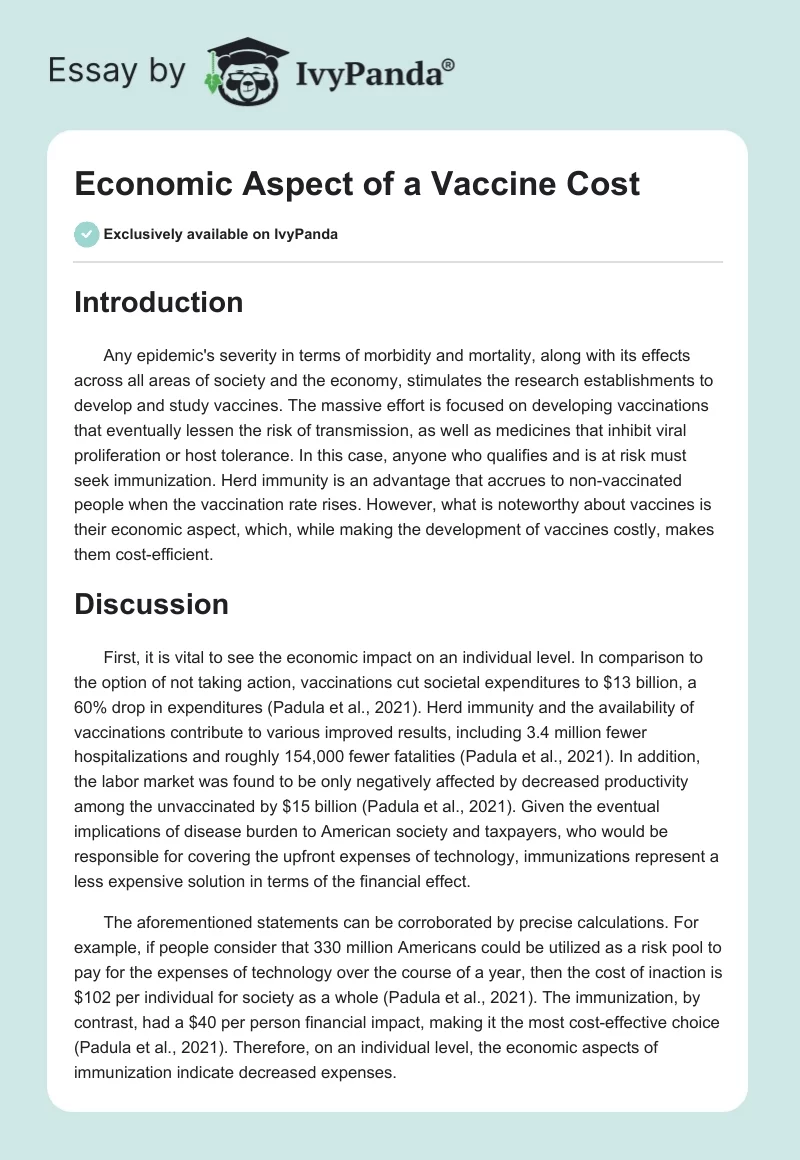 Economic Aspect of a Vaccine Cost. Page 1