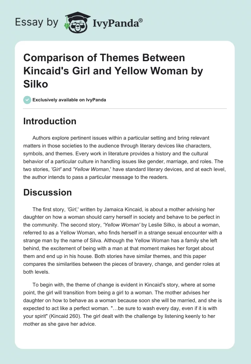 Comparison of Themes Between Kincaid's "Girl" and "Yellow Woman" by Silko. Page 1