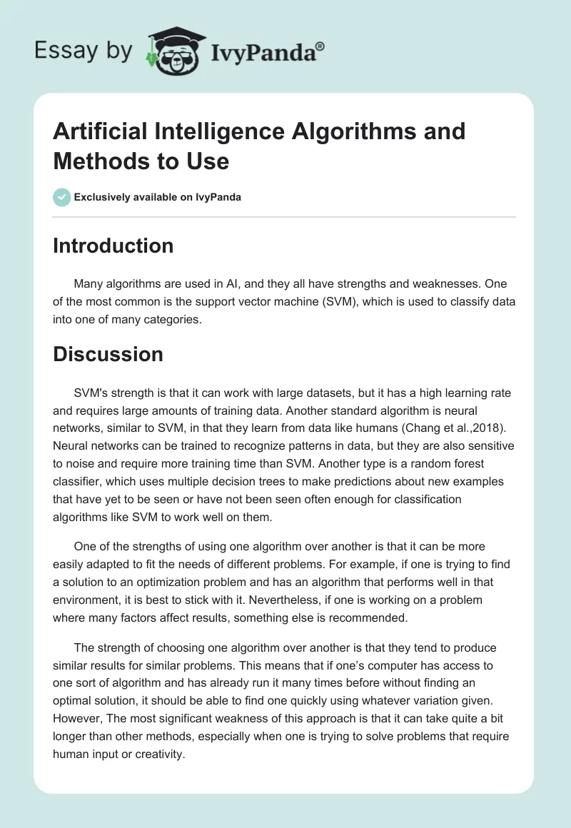 Artificial Intelligence Algorithms and Methods to Use. Page 1