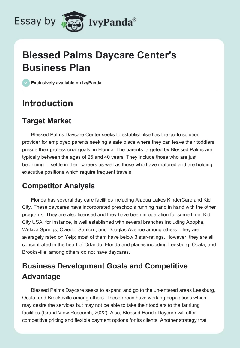 Blessed Palms Daycare Center's Business Plan. Page 1