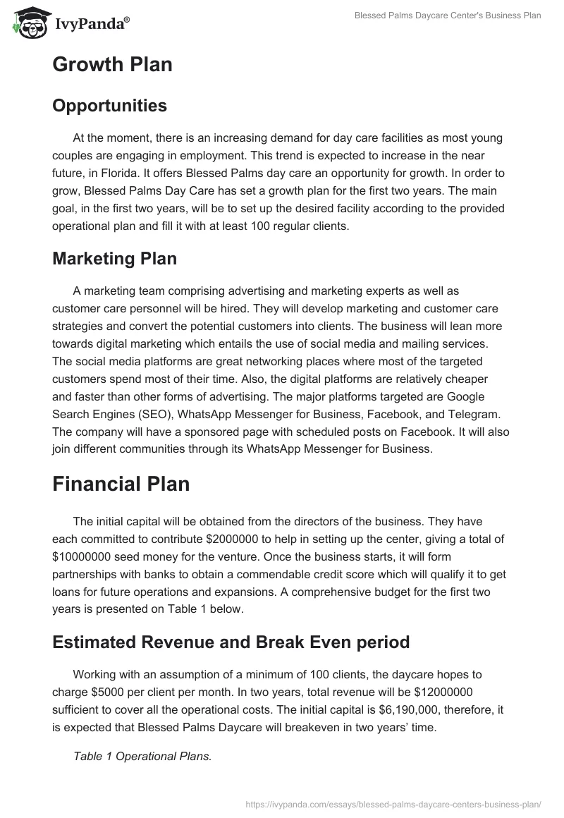 Blessed Palms Daycare Center's Business Plan. Page 5