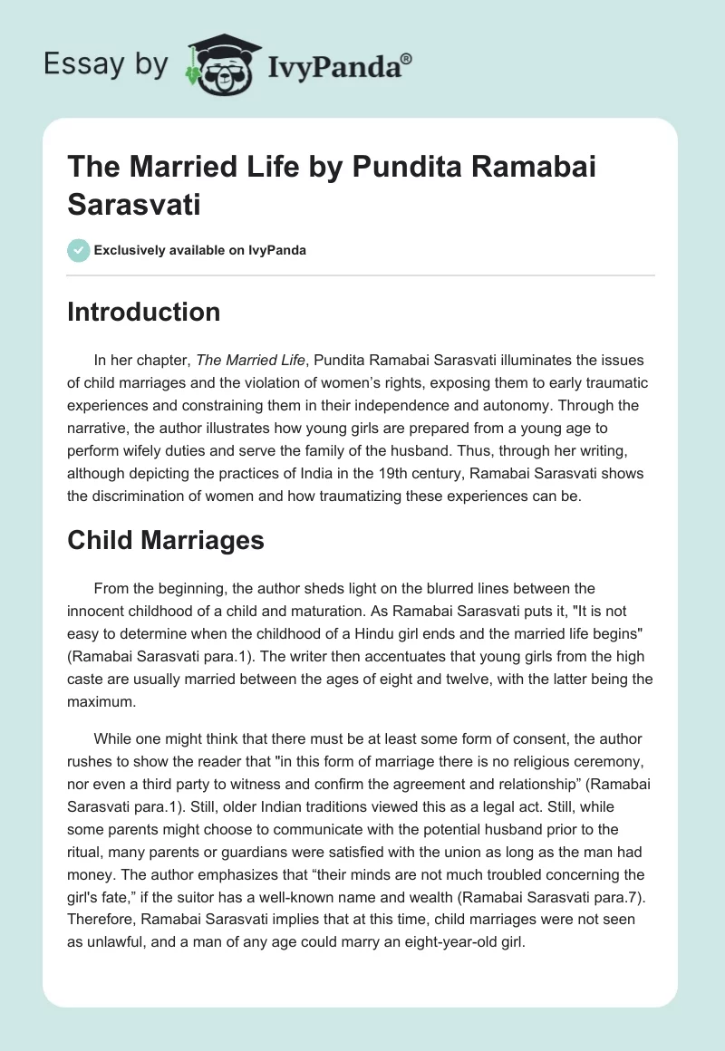 "The Married Life" by Pundita Ramabai Sarasvati. Page 1