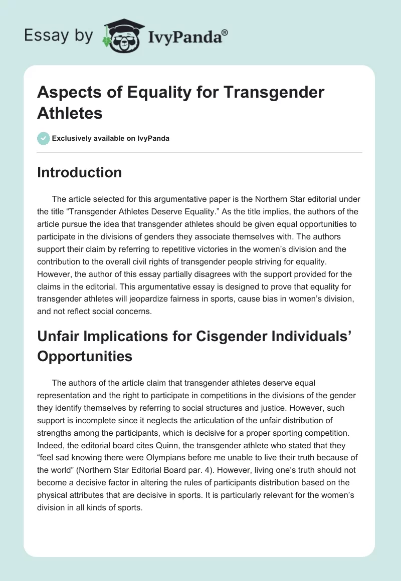 Aspects of Equality for Transgender Athletes. Page 1