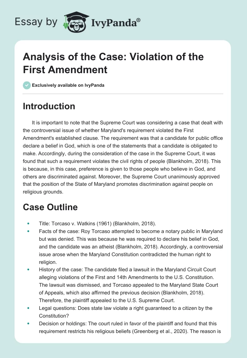 Analysis of the Case: Violation of the First Amendment. Page 1