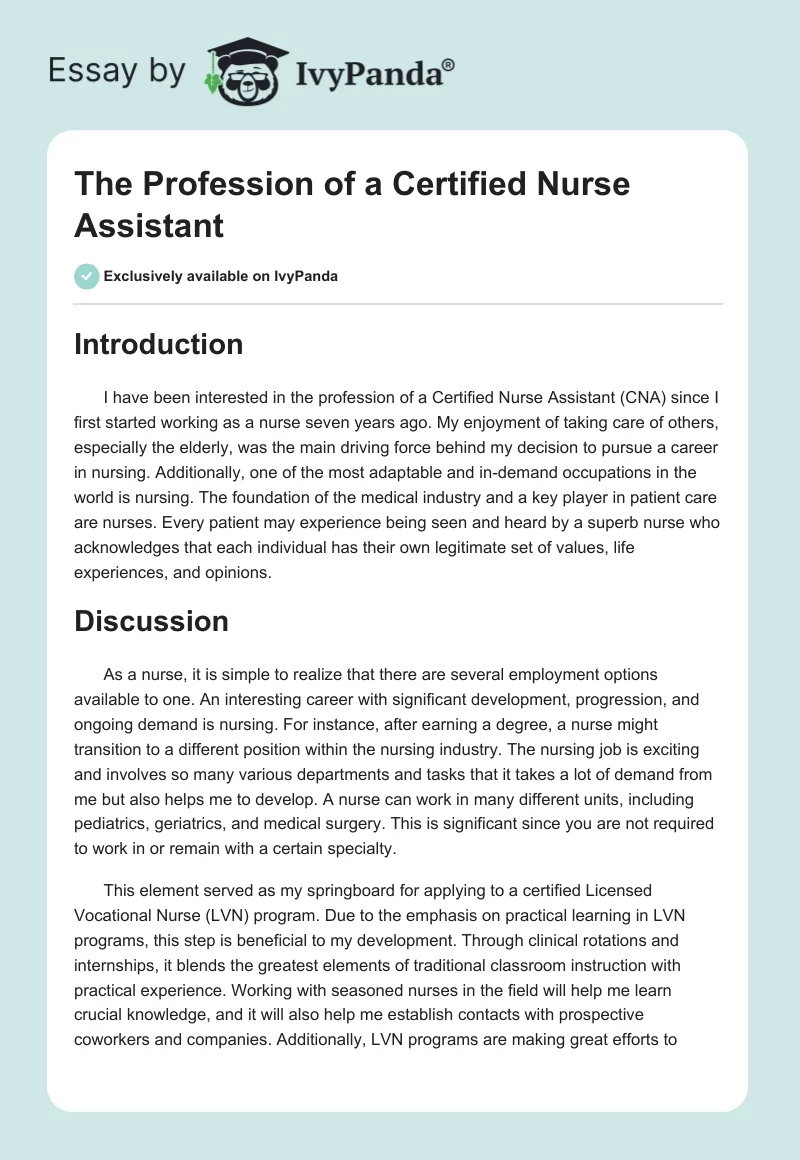 The Profession of a Certified Nurse Assistant. Page 1
