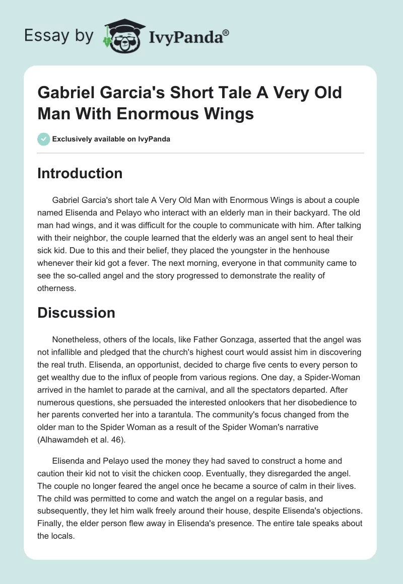 Gabriel Garcia's Short Tale "A Very Old Man With Enormous Wings". Page 1
