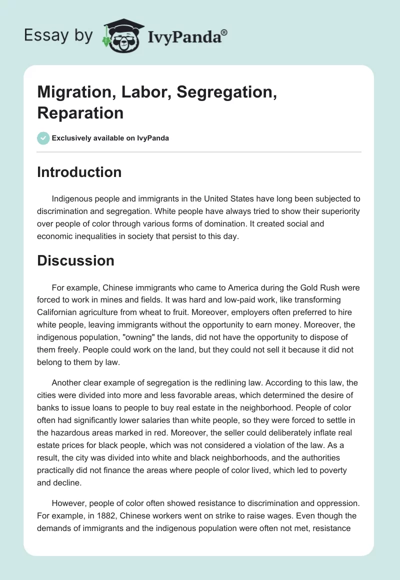 Migration, Labor, Segregation, Reparation. Page 1