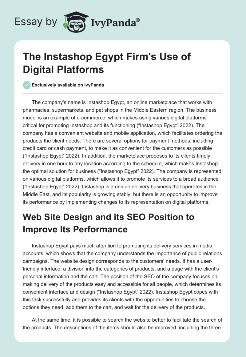 The Instashop Egypt Firm's Use of Digital Platforms. Page 1