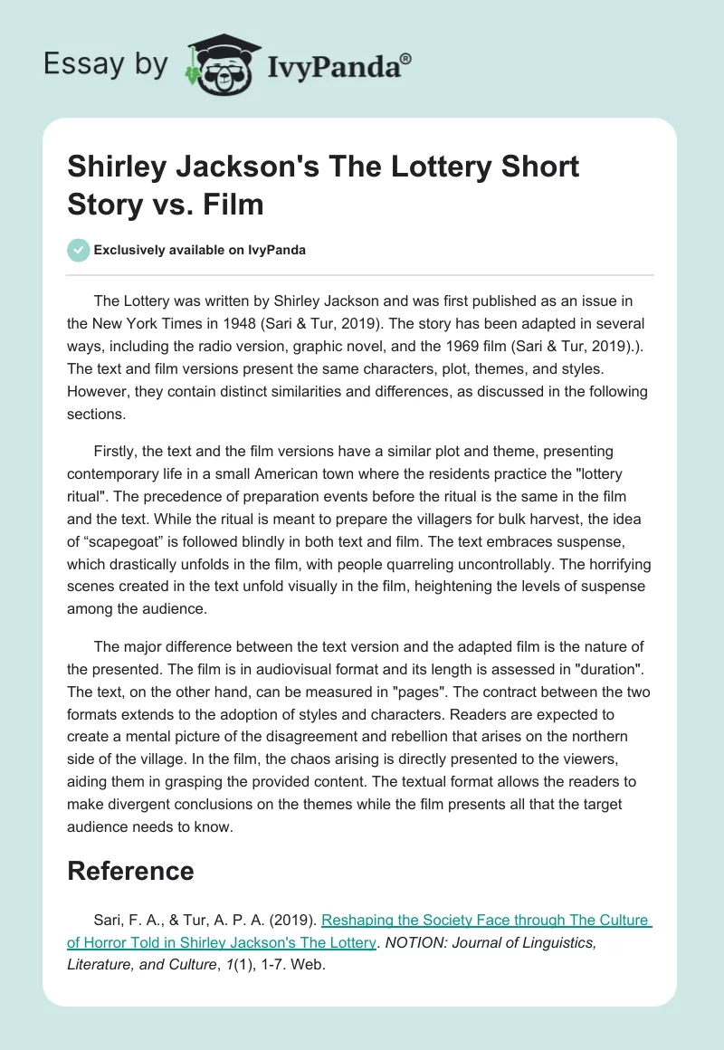 Shirley Jackson's The Lottery Short Story vs. Film. Page 1