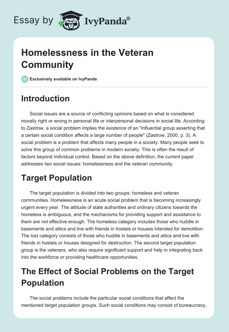 Homelessness in the Veteran Community. Page 1