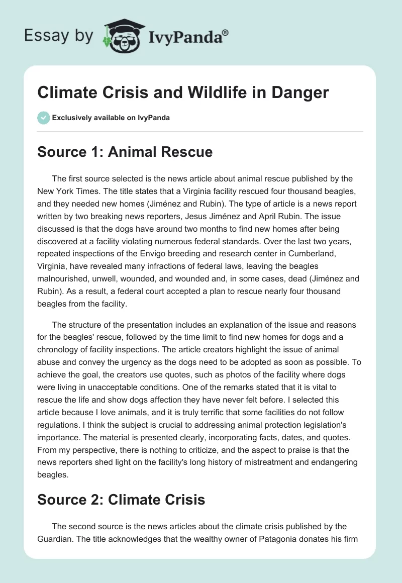 Climate Crisis and Wildlife in Danger. Page 1
