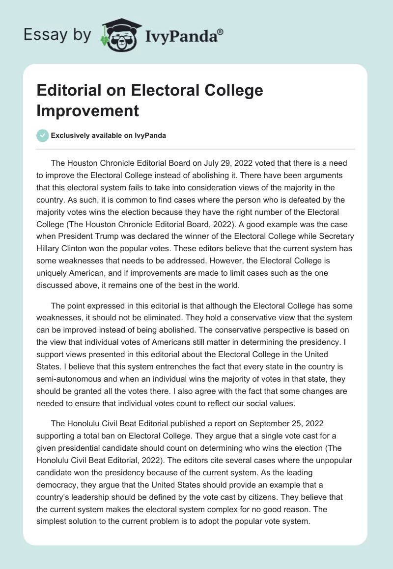 Editorial on Electoral College Improvement. Page 1