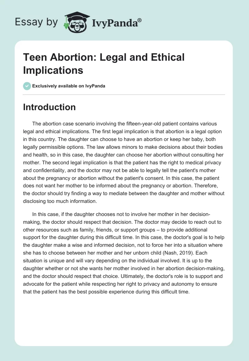 Teen Abortion: Legal and Ethical Implications. Page 1