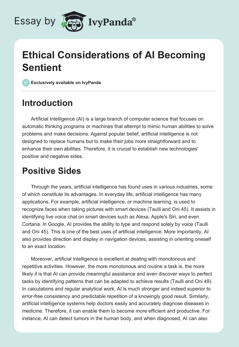 Ethical Considerations of AI Becoming Sentient. Page 1