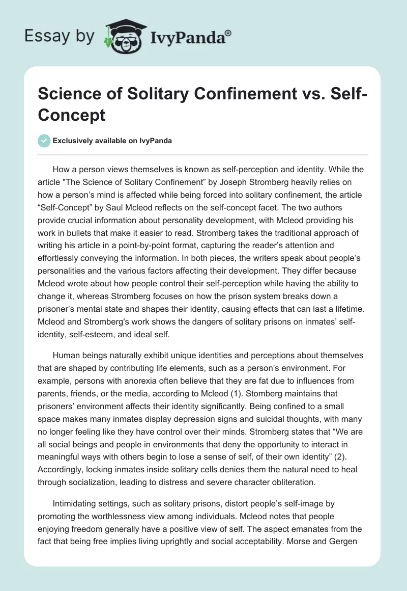 Science of Solitary Confinement vs. Self-Concept. Page 1