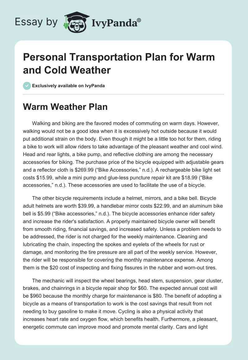 Personal Transportation Plan for Warm and Cold Weather. Page 1