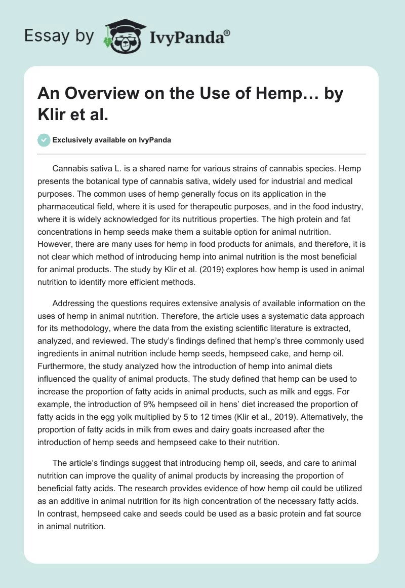 "An Overview on the Use of Hemp…" by Klir et al.. Page 1